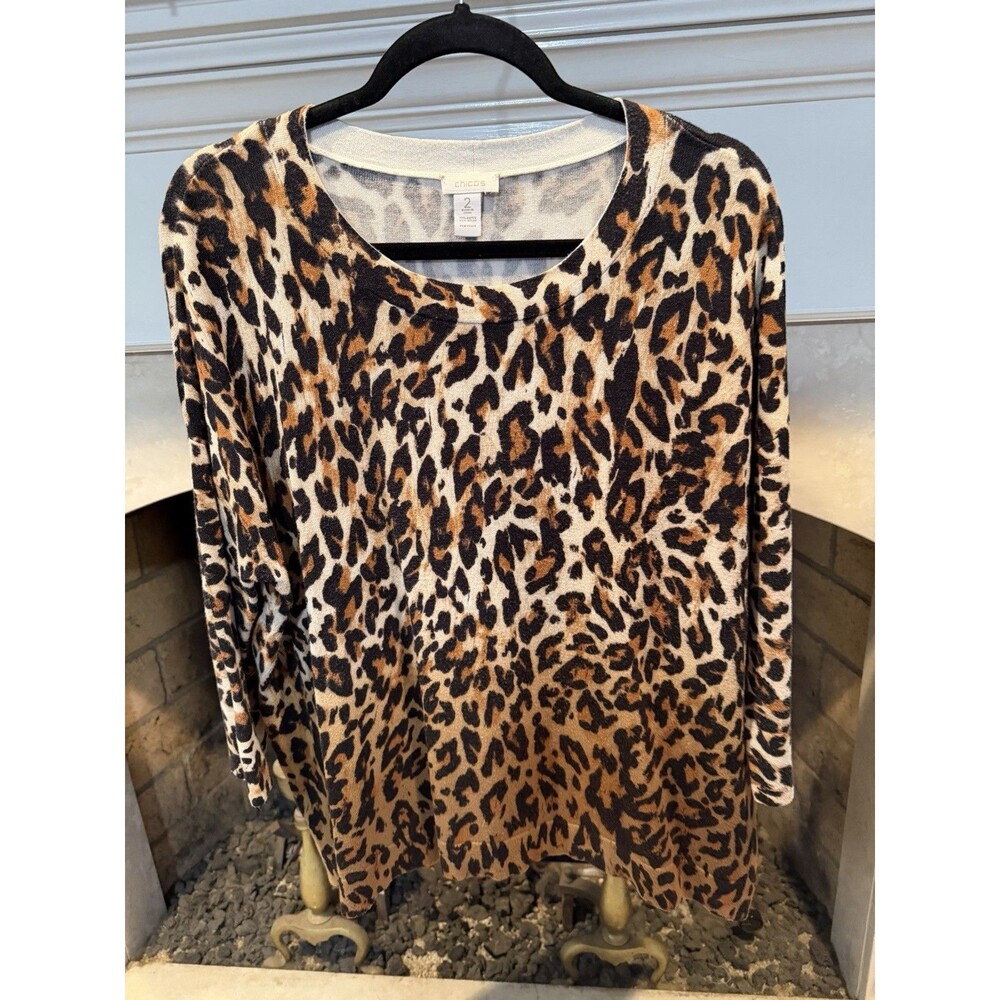 Chico’s Dip Dye Darcy Leopard Ombre Three-Quarter Sleeve Sweater Size Large